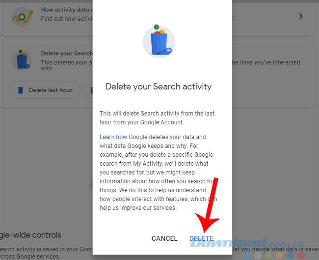 Chấp nhận xóa lịch sử Google