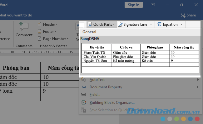 Gọi lại định dạng bảng đã lưu trên Word