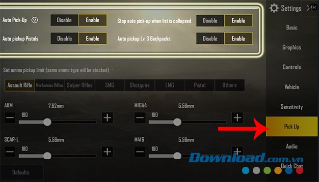 Tùy chỉnh chế độ nhặt đồ trong PUBG Mobile