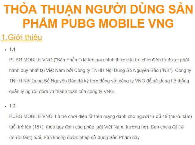 Thỏa thuận người dùng với PUBG Mobile Việt Nam