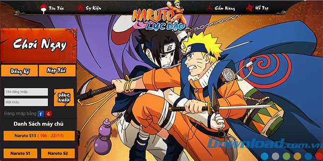 Giao diện trang chủ của webgame Naruto Lục Đạo