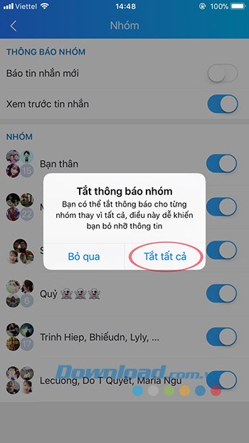 Tắt tất cả thông báo tin nhắn các nhóm