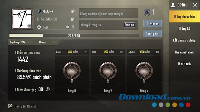 Thông tin tài khoản người chơi ở PUBG Mobile VNG