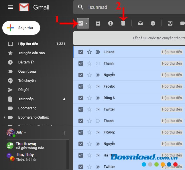 Chọn thư cần xóa trong Gmail