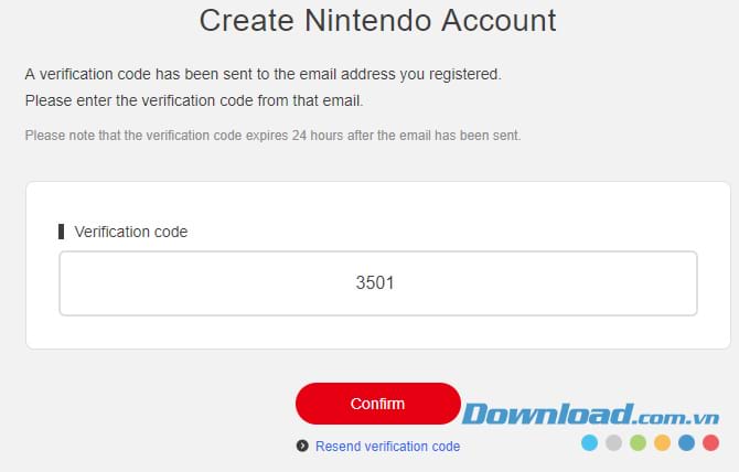 Điền mã xác nhận tạo tài khoản Nintendo