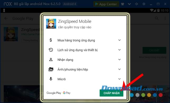 Chọn Tiếp tục để cài đặt game đua xe Zing Speed Mobile