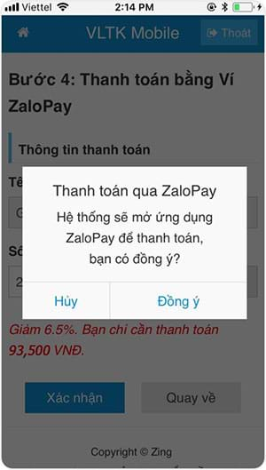 Xác nhận thanh toán qua Zalo Pay