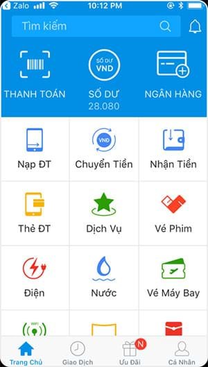 Giao diện chính của Zalo Pay