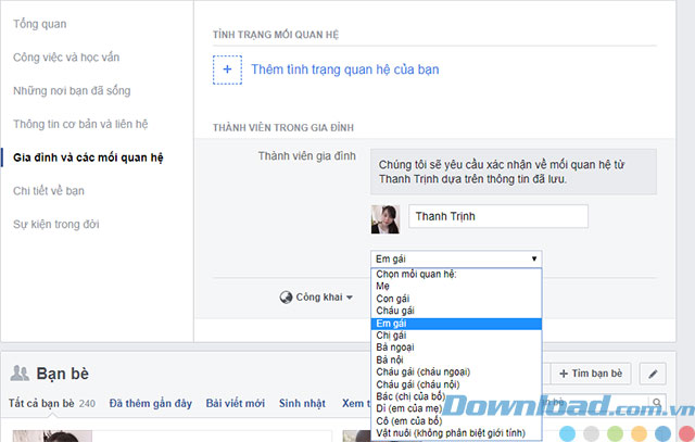 Chọn quan hệ gia đình trên Facebook