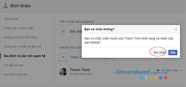 Xác nhận thay đổi quan hệ trên Facebook