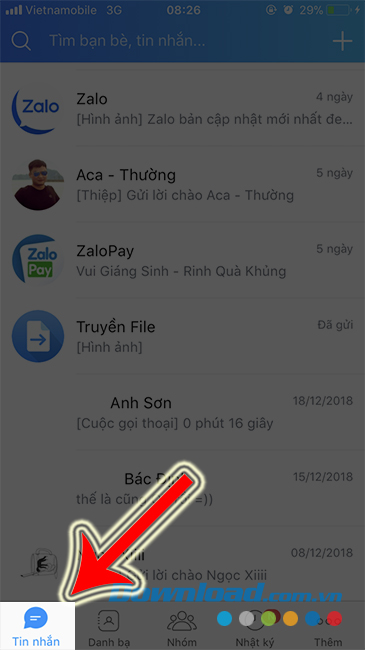 Chọn vào Tin nhắn của  Zalo