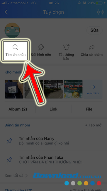 Chọn mục Tìm tin nhắn Zalo