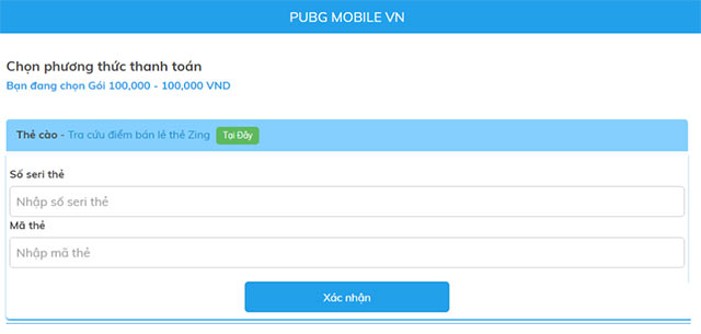 Nạp PUBG Mobile VN bằng thẻ Zing