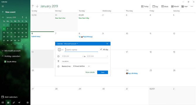 Microsoft Calendar cho Windows 10