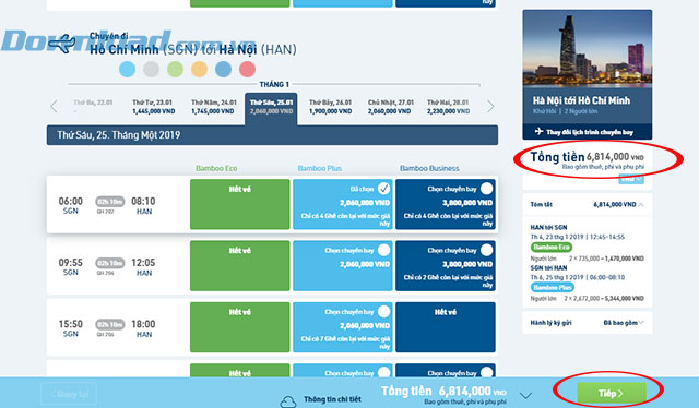 Vé bay về và tổng tiền