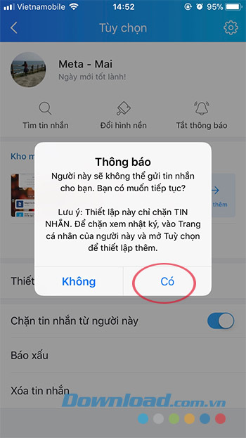 Xác nhận chặn tin nhắn Zalo