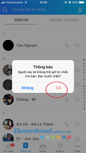 Xác nhận chặn bạn bè Zalo