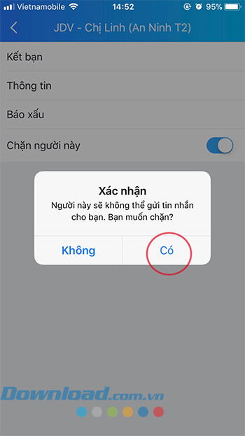 Xác nhận chặn người lạ trên Zalo