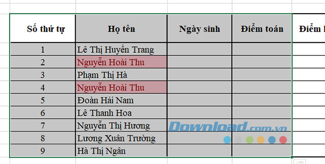 Nội dung trùng đã được xác định trên Excel