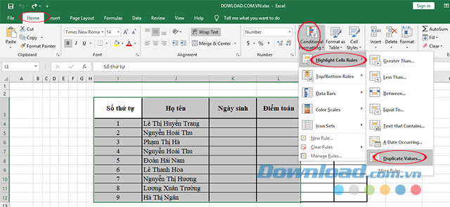 Tìm kiếm nội dung trùng trên Excel