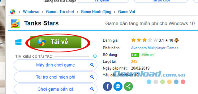 Giao diện trang tải game trên trang Download.com.vn