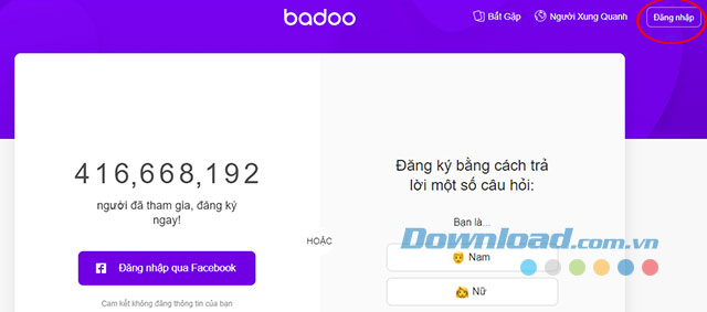 Giao diện chính của Badoo