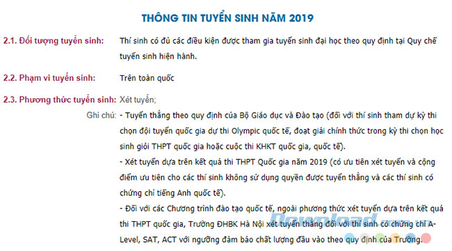 Thông tin tuyển sinh của ĐH Bách Khoa