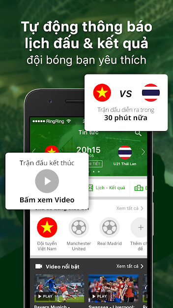 Tự động thông báo kết quả trên ứng dụng Bóng đá 24h
