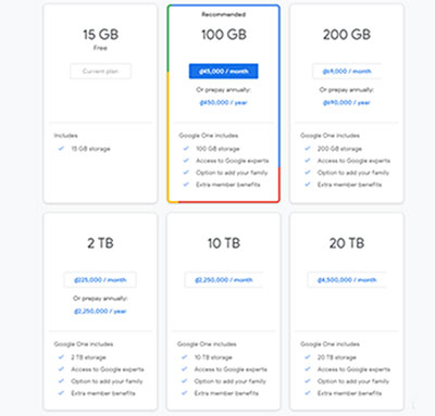 Bảng giá mua thêm dung lượng trên Google Photos