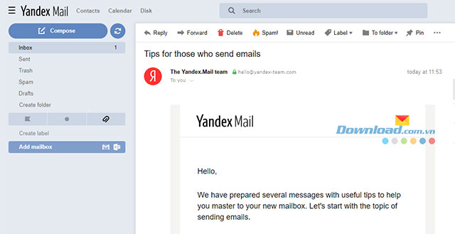 Giao diện tài khoản Yandex Mail