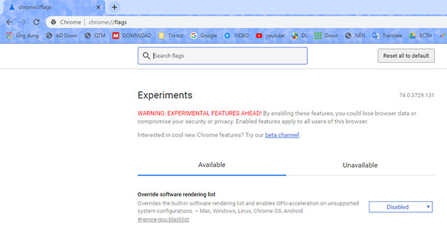 Nhập lệnh chrome://flags