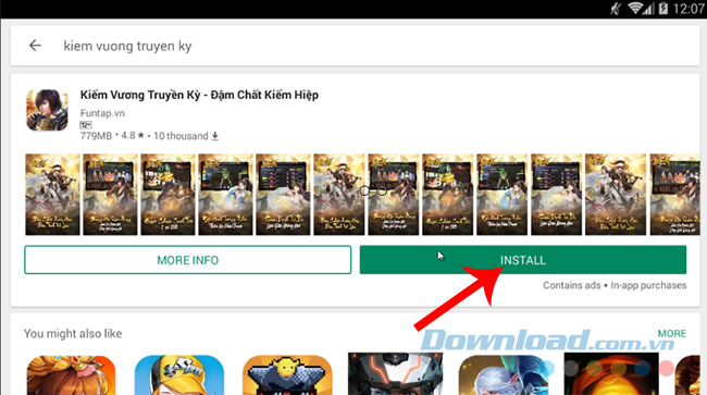 Click vào Install để cài đặt Kiếm Vương Truyền Kỳ trên máy tính
