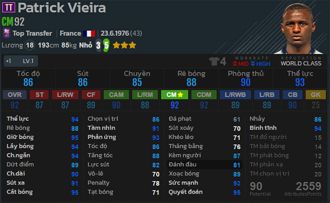 Hệ thống chỉ số của cầu thủ Vieira trong Game bóng đá Fo4