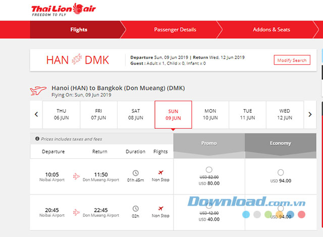 Giao diện đặt vé máy bay của Thai Lion