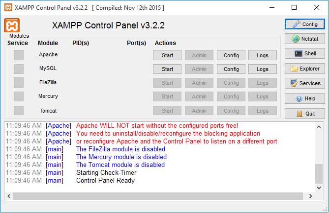 Lỗi xuất hiện trên bảng điều khiển XAMPP