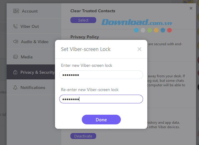 Nhập mã khóa cho Viber
