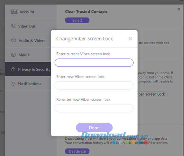Nhập mật khẩu mới cho Viber