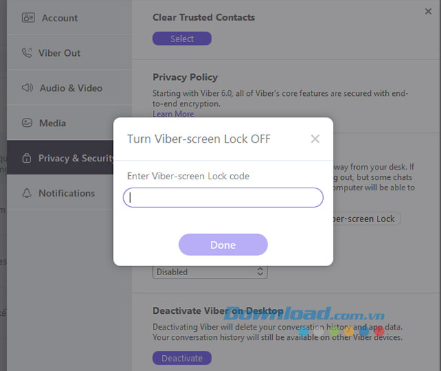Nhập mật khẩu Viber hiện tại để xác nhận xóa mã khóa