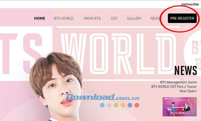 Giao diện đăng ký sớm của BTS World