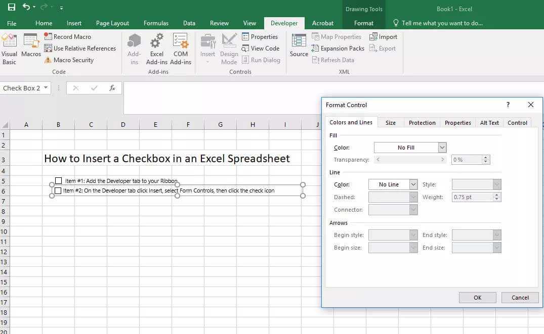 Các tùy chọn checkbox trong Excel