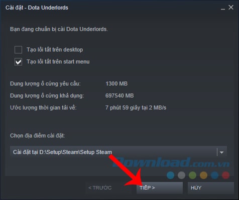 Chọn vị trí lưu file cài đặt Dota Underlords trên PC