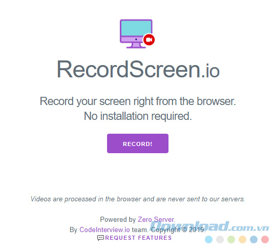 Trang chủ của dịch vụ quay màn hình RecordScreen.io
