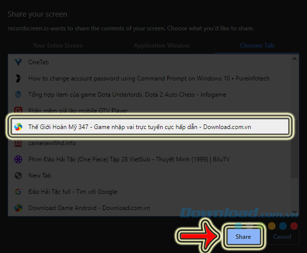 Chọn tab Chrome cần quay 