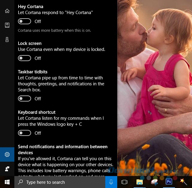 Tắt Cortana từ trong Settings