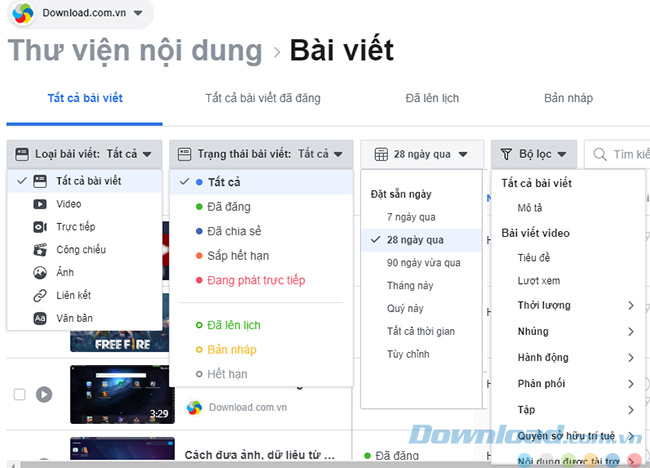 Các tiêu chí lọc tìm bài viết