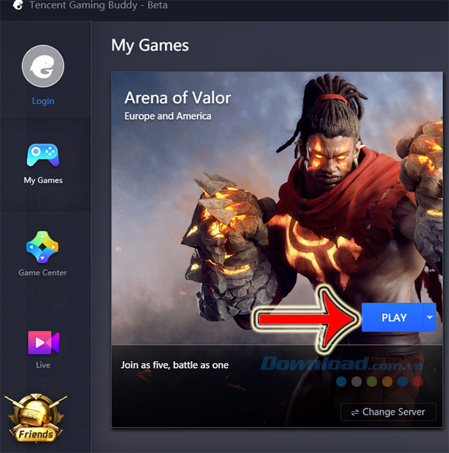 Nhấn vào Play để chơi Arena os Valor trên Tencent Gaming Buddy