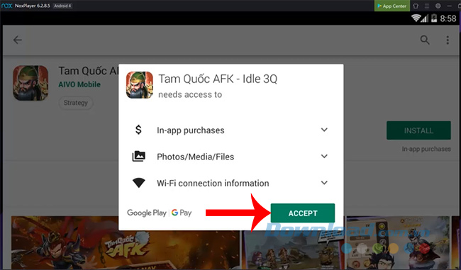 Chọn Install / Accept để bắt đầu cài đặt Tam Quốc AFK