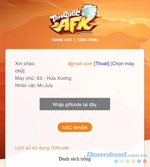 Nhập giftcode game Tam Quốc AFK