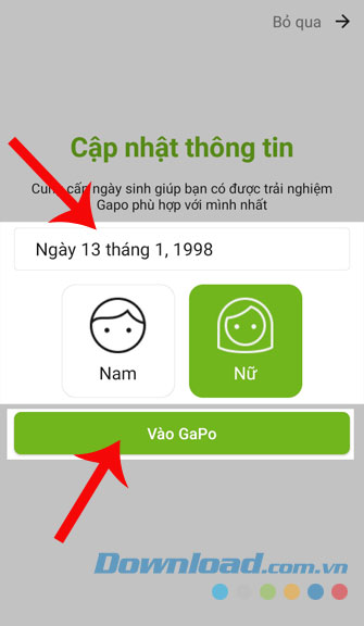 Nhập ngày sinh và giới tính