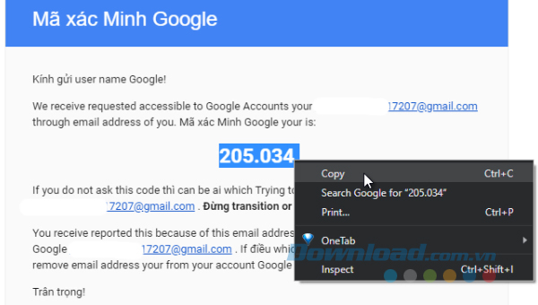 Copy mã xác minh Google 